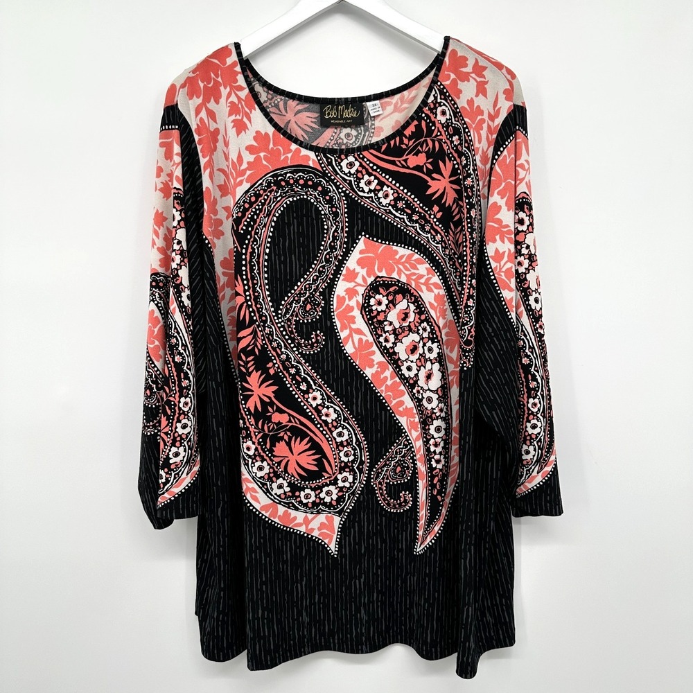 Bob Mackie Wearable Art Tunic Top Shirt Size 3X Stretch Knit 3/4 Sleeves Boho